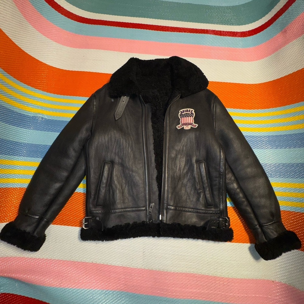 Avirex USA Sheepskin Shearling Lined Flight Bomber B-3 Jacket Black Men's Small